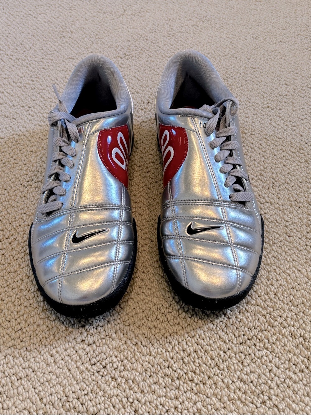 New Nike T90 SP Silver Metallic Sneakers with Red Accent